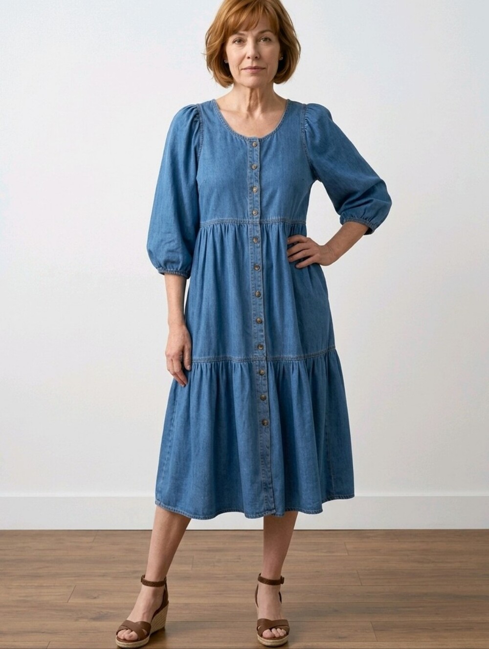Meadows Sage Denim Button-Front Midi Dress in Blue Chambray Size 2 Oversized